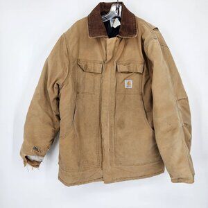 Carhartt Jacket Mens Large Brown Quilted Workwear Distressed Canvas Lined Zip